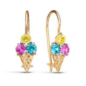 Золотые серьги КЮЗ Del'ta D129124 с фианитом и рубиновым корундом D129124 фото