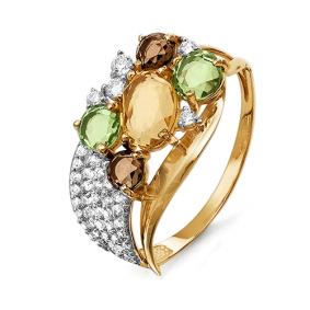 Золотое кольцо КЮЗ Del'ta D312280 с фианитом, хризолитом, миксом камней и раухтопазом D312280 фото