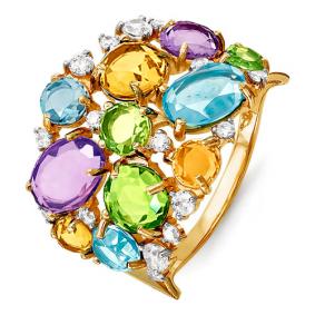 Золотое кольцо КЮЗ Del'ta D312295 с топазом, фианитом, аметистом, хризолитом, цитрином и миксом камней D312295 фото