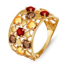 Золотое кольцо КЮЗ Del'ta с ситаллом цвета Гранат, Цитрин и раухтопазом D312429 D312429 фото
