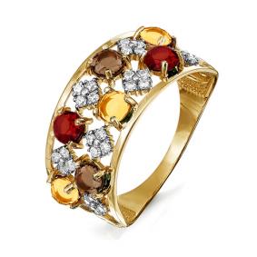 Золотое кольцо КЮЗ Del'ta с ситаллом цвета Гранат, Цитрин, раухтопазом и фианитом D312436 D312436 фото