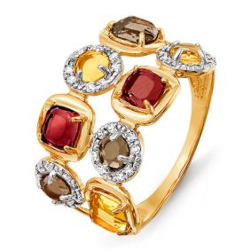 Золотое кольцо КЮЗ Del'ta с ситаллом цвета Гранат, Цитрин, раухтопазом и фианитом D312744 D312744 фото