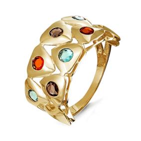 Золотое кольцо КЮЗ Del'ta D312777 с гранатом, миксом камней, раухтопазом и Лондон топазом D312777 фото