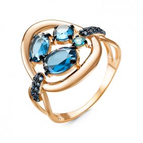 Золотое кольцо КЮЗ Del'ta с ситаллом цвета Топаз и кварцем D314631 D314631 фото
