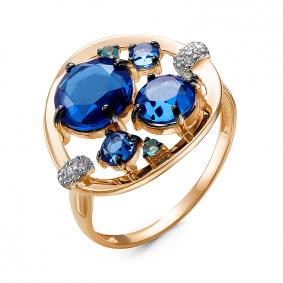 Золотое кольцо КЮЗ Del'ta с ситаллом цвета Сапфир и кварцем D314847 D314847 фото