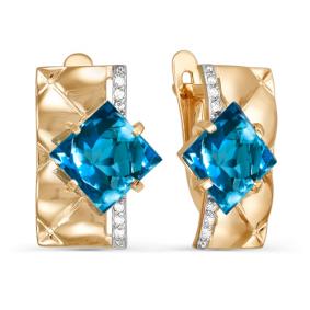 Золотые серьги КЮЗ Del'ta с ситаллом цвета Лондон топаз и фианитом D321472 D321472 фото