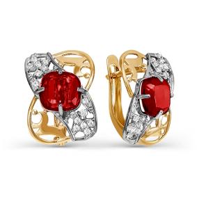 Золотые серьги КЮЗ Del'ta с ситаллом цвета Гранат и фианитом D321758 D321758 фото