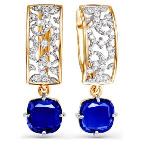Золотые серьги КЮЗ Del'ta D321783 с фианитом и сапфировым корундом D321783 фото