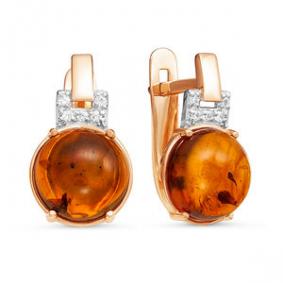 Золотые серьги КЮЗ Del'ta D323225 с фианитом и янтарём D323225 фото