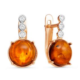 Золотые серьги КЮЗ Del'ta D323235 с фианитом и янтарём D323235 фото