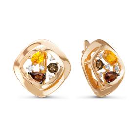 Золотые серьги КЮЗ Del'ta D324390 с фианитом, цитрином, гранатом и раухтопазом D324390 фото