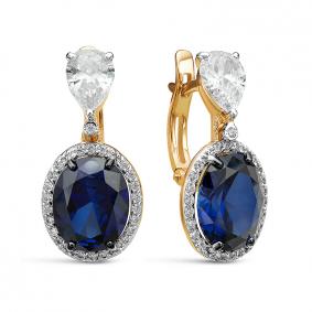 Золотые серьги КЮЗ Del'ta D325052 с фианитом и сапфировым корундом D325052 фото