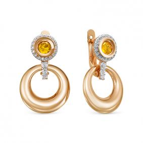 Золотые серьги КЮЗ Del'ta D325145 с фианитом и цитрином D325145 фото