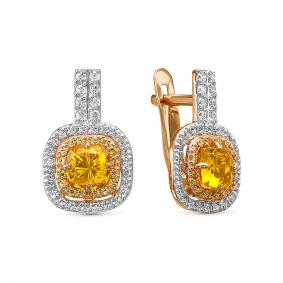 Золотые серьги КЮЗ Del'ta D325150 с фианитом и цитрином D325150 фото