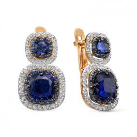 Золотые серьги КЮЗ Del'ta D325186 с фианитом, кварцем и сапфировым корундом D325186 фото