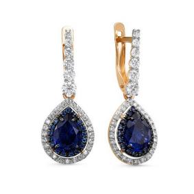 Золотые серьги КЮЗ Del'ta D325189 с фианитом, кварцем и сапфировым корундом D325189 фото