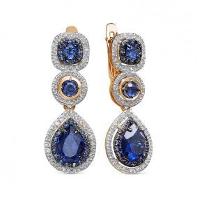 Золотые серьги КЮЗ Del'ta D325199 с фианитом, кварцем, сапфировым корундом и миксом камней D325199 фото