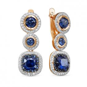 Золотые серьги КЮЗ Del'ta D325201 с фианитом, кварцем и сапфировым корундом D325201 фото