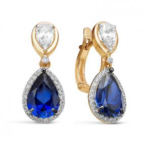 Золотые серьги КЮЗ Del'ta D325217 с фианитом и сапфировым корундом D325217 фото