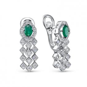 Серьги из белого золота КЮЗ Del'ta Dбр322554б с бриллиантом и изумрудом Dбр322554б фото