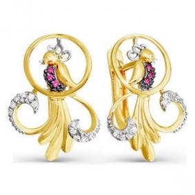 Серьги из лимонного золота КЮЗ Del'ta Dл124135 с фианитом и рубиновым корундом Dл124135 фото
