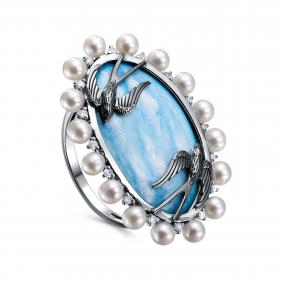 Золотое кольцо KABAROVSKY K1-1769-1522 с бриллиантом, жемчугом и финифтью K1-1769-1522 фото