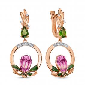 Золотые серьги KABAROVSKY K12-01834-20901 с бриллиантом, эмалью и хромдиопсидом K12-01834-20901 фото