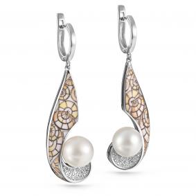 Серьги из белого золота KABAROVSKY K12-11257-1522 с бриллиантом, жемчугом и финифтью K12-11257-1522 фото