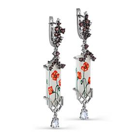 Серьги из белого золота KABAROVSKY K12-11283-3522 с бриллиантом, гранатом, горным хрусталём и финифтью K12-11283-3522 фото
