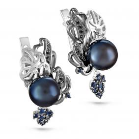 Серьги из белого золота KABAROVSKY K12-1260-1600 с бриллиантом, сапфиром, жемчугом и чёрным бриллиантом K12-1260-1600 фото