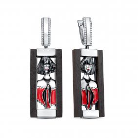 Серебряные серьги KABAROVSKY с фианитом , эмалью и деревом Граб K12-695-80001 K12-695-80001 фото