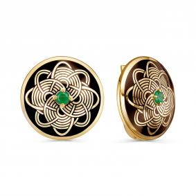 Серьги из золочёного серебра KABAROVSKY K12-941-1202 с изумрудом и эмалью K12-941-1202 фото