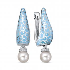 Серебряные серьги KABAROVSKY K12-966-1505 с фианитом, жемчугом и эмалью K12-966-1505 фото