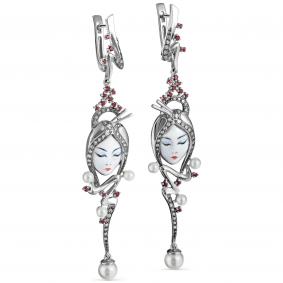 Серьги из белого золота KABAROVSKY K2-1103-8522 с бриллиантом, жемчугом, топазом Swarovski и финифтью K2-1103-8522 фото