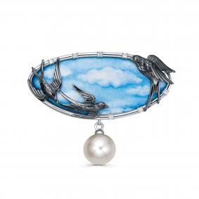 Брошь из белого золота KABAROVSKY K5-1069-1522 с бриллиантом, жемчугом и финифтью K5-1069-1522 фото