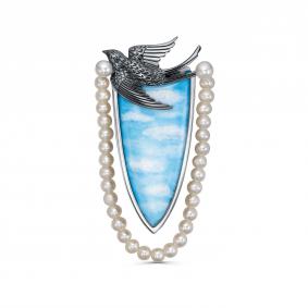 Брошь из белого золота KABAROVSKY K5-1070-1522 с жемчугом и финифтью K5-1070-1522 фото