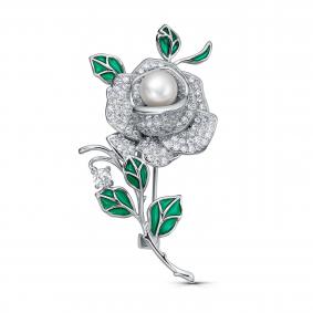 Серебряная брошь KABAROVSKY K5-9007-1513 с фианитом, жемчугом и эмалью K5-9007-1513 фото