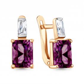 Серьги из золочёного серебра AQUAMARINE А40038384-п с фианитом и аметистом А40038384-п фото