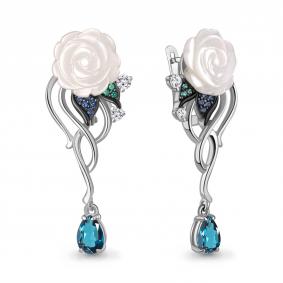 Серебряные серьги AQUAMARINE А40054608АБГ с фианитом, гидротермальным сапфиром, гидротермальным изумрудом, Лондон топазом и перламутром А40054608АБГ фото