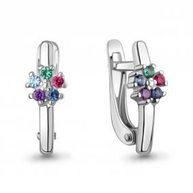 Серебряные серьги AQUAMARINE А400557БВГД с топазом, фианитом, гидротермальным сапфиром, гидротермальным изумрудом и рубиновым корундом А400557БВГД фото
