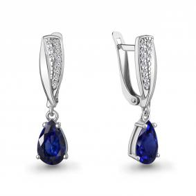 Серебряные серьги AQUAMARINE А400742АБ с фианитом и гидротермальным сапфиром А400742АБ фото