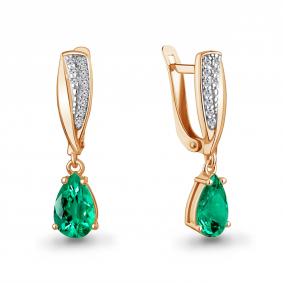 Серьги из золочёного серебра AQUAMARINE А400742АГ-п с фианитом и гидротермальным изумрудом А400742АГ-п фото