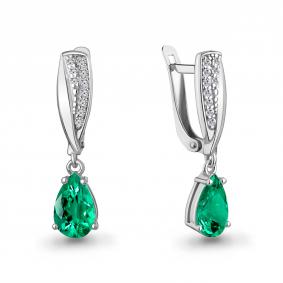 Серебряные серьги AQUAMARINE А400742АГ с фианитом и гидротермальным изумрудом А400742АГ фото