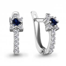 Серебряные серьги AQUAMARINE А400805АБ с фианитом и гидротермальным сапфиром А400805АБ фото