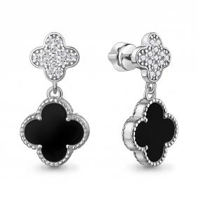 Серебряные серьги AQUAMARINE А400811А с фианитом и ониксом А400811А фото