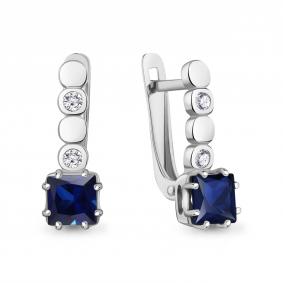 Серебряные серьги AQUAMARINE А400865АБ с фианитом и гидротермальным сапфиром А400865АБ фото