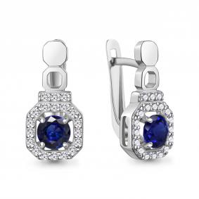 Серебряные серьги AQUAMARINE А400878АБ с фианитом и гидротермальным сапфиром А400878АБ фото