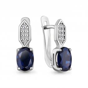 Серебряные серьги AQUAMARINE А400887АБ с фианитом и гидротермальным сапфиром А400887АБ фото