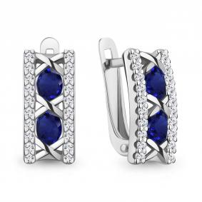 Серебряные серьги AQUAMARINE А400946АБ с фианитом и гидротермальным сапфиром А400946АБ фото