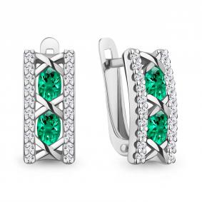 Серебряные серьги AQUAMARINE А400946АГ с фианитом и гидротермальным изумрудом А400946АГ фото
